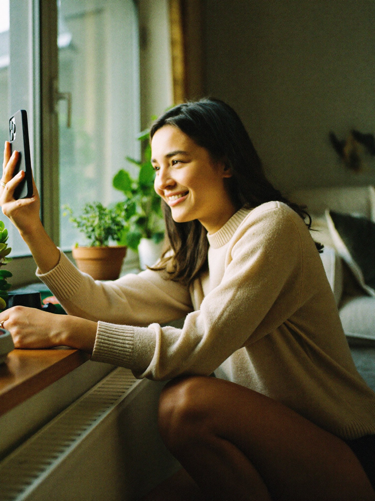 A creator filming a recommendation on her phone at home