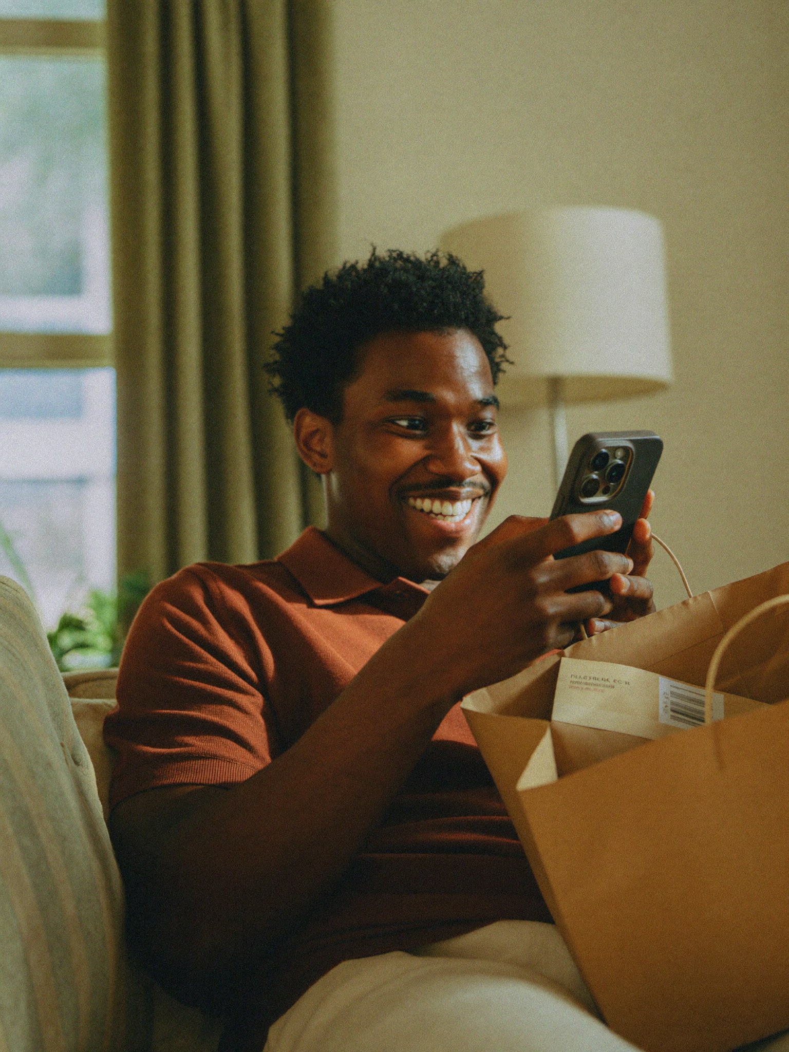 A shopper smiling at his phone beside a fresh delivery